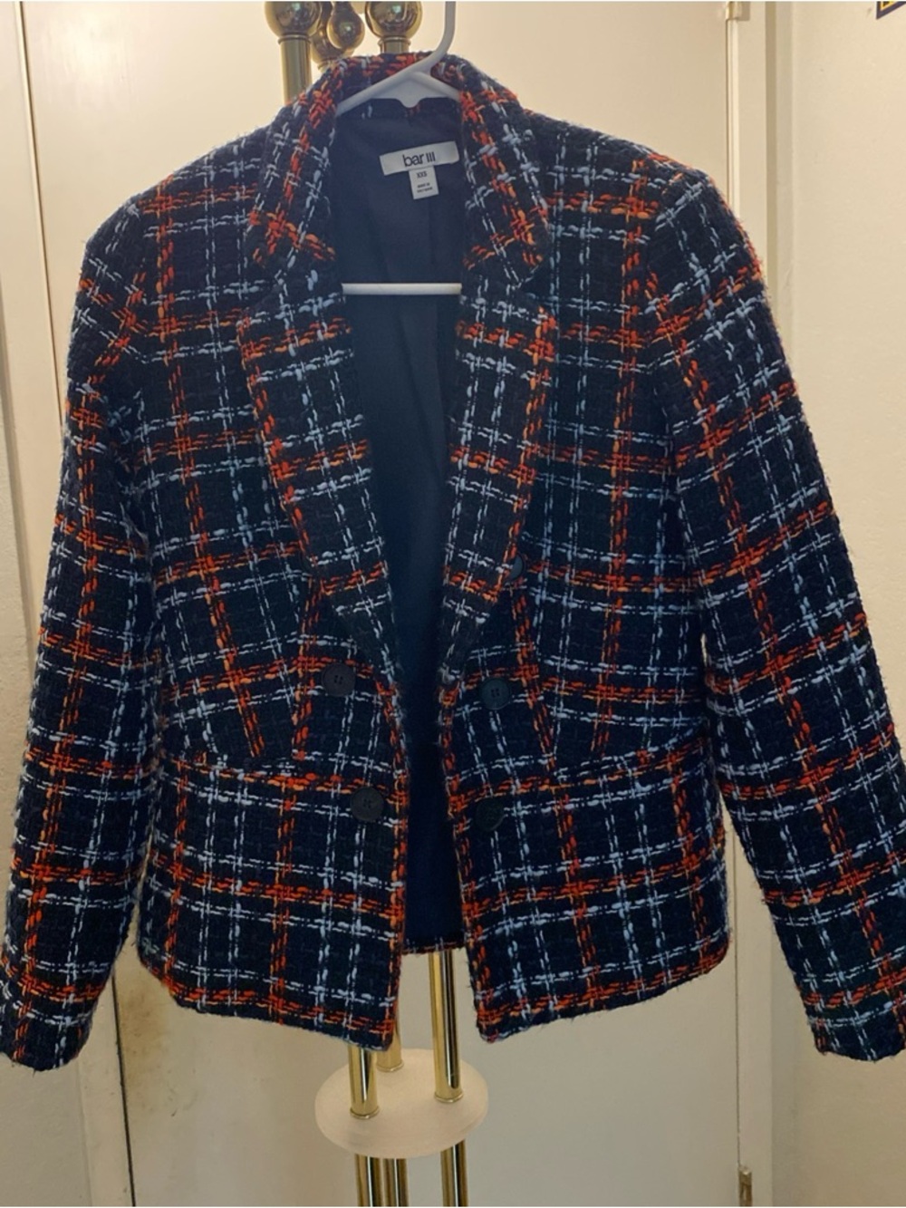 Macy's Navy Plaid Tweed Blazer with Orange and White Windowpane